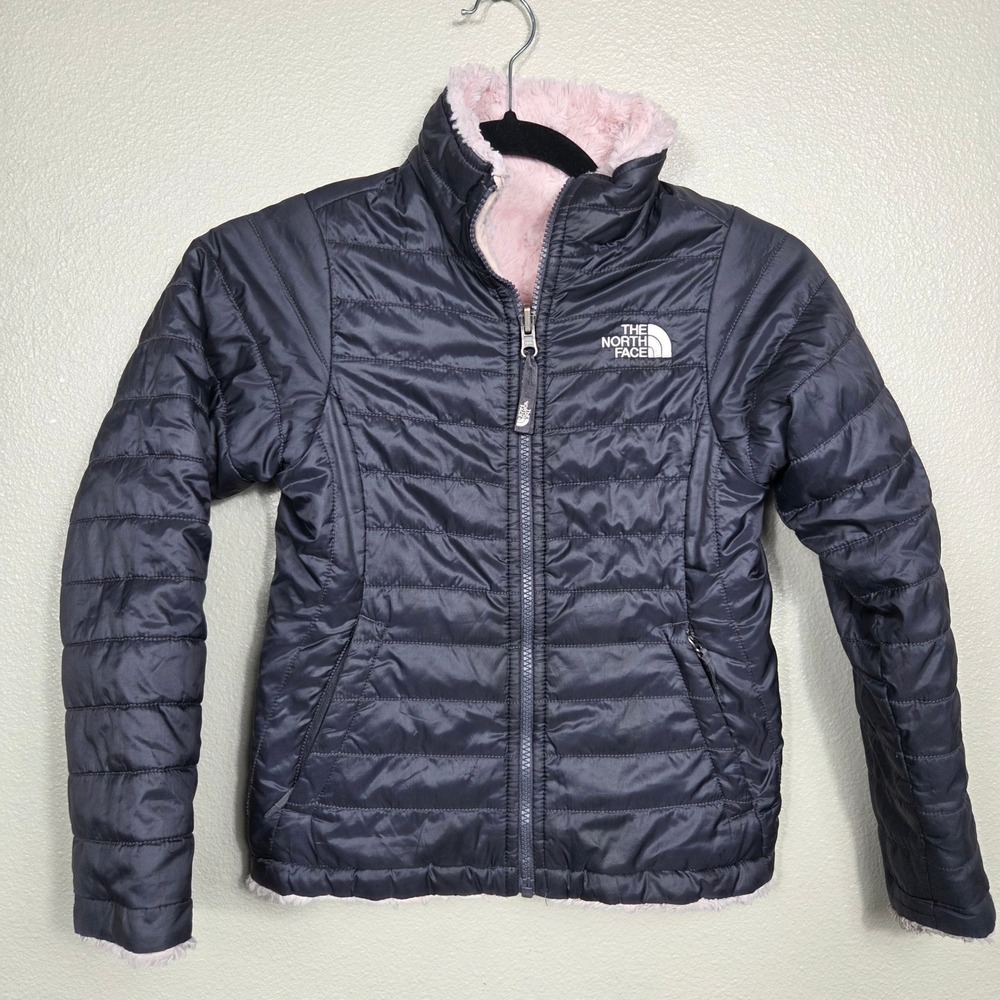 The North Face Mossbud Swirl Reversible Jacket Girls S 7/8 Pink Gray Fleece